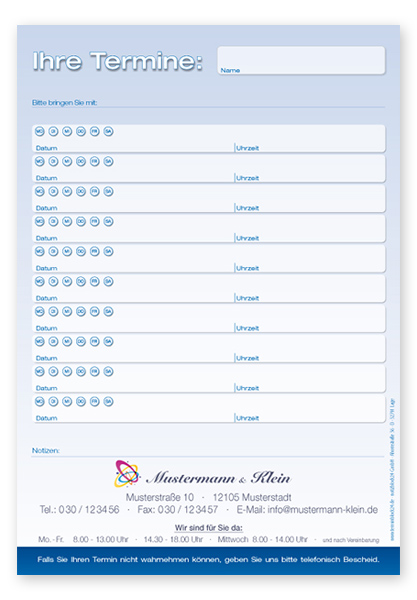 Terminzettel Maxi "Blue" mit 10 Terminfeldern