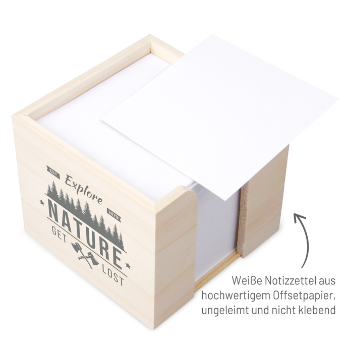 Zettelbox  aus echtem Holz 10 x 10 x 8,5 cm Siebdruck