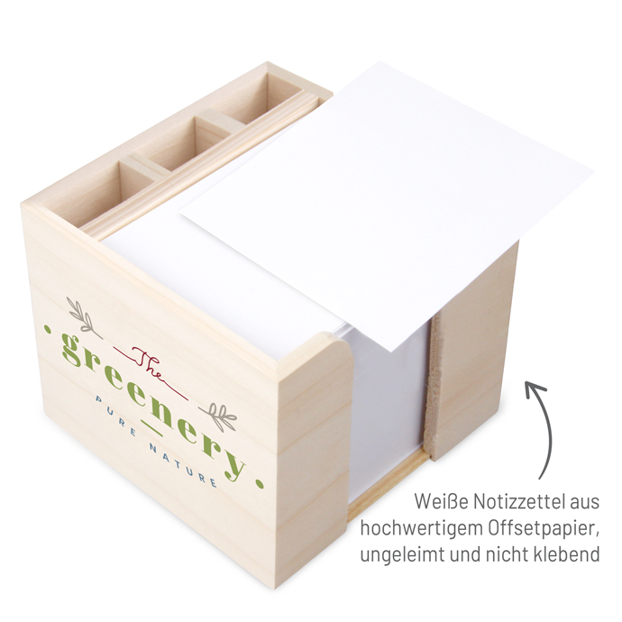 Zettelbox aus echtem Holz mit Stifteköcher 10 x 10 x 8,5 cm Siebdruck