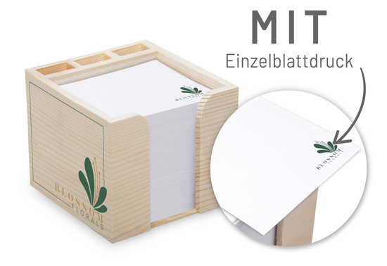 Zettelbox aus echtem Holz mit Stifteköcher 10 x 10 x 8,5 cm Siebdruck