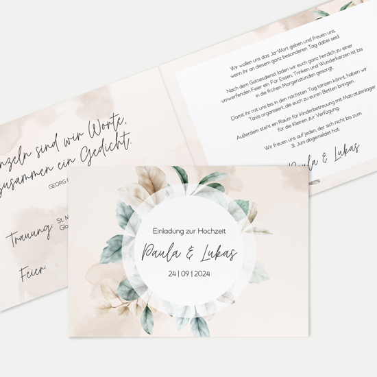 Klappkarte DIN A6 im Querformat - Aquarell "leaf & taupe" - KKQ-24001-A-02