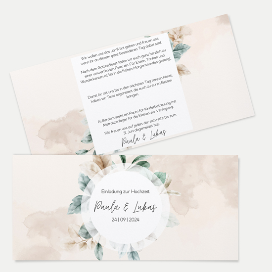 Postkarten DIN lang im Querformat 210 x 98 mm - Aquarell "leaf & taupe" - PDLQ-24001-A-02