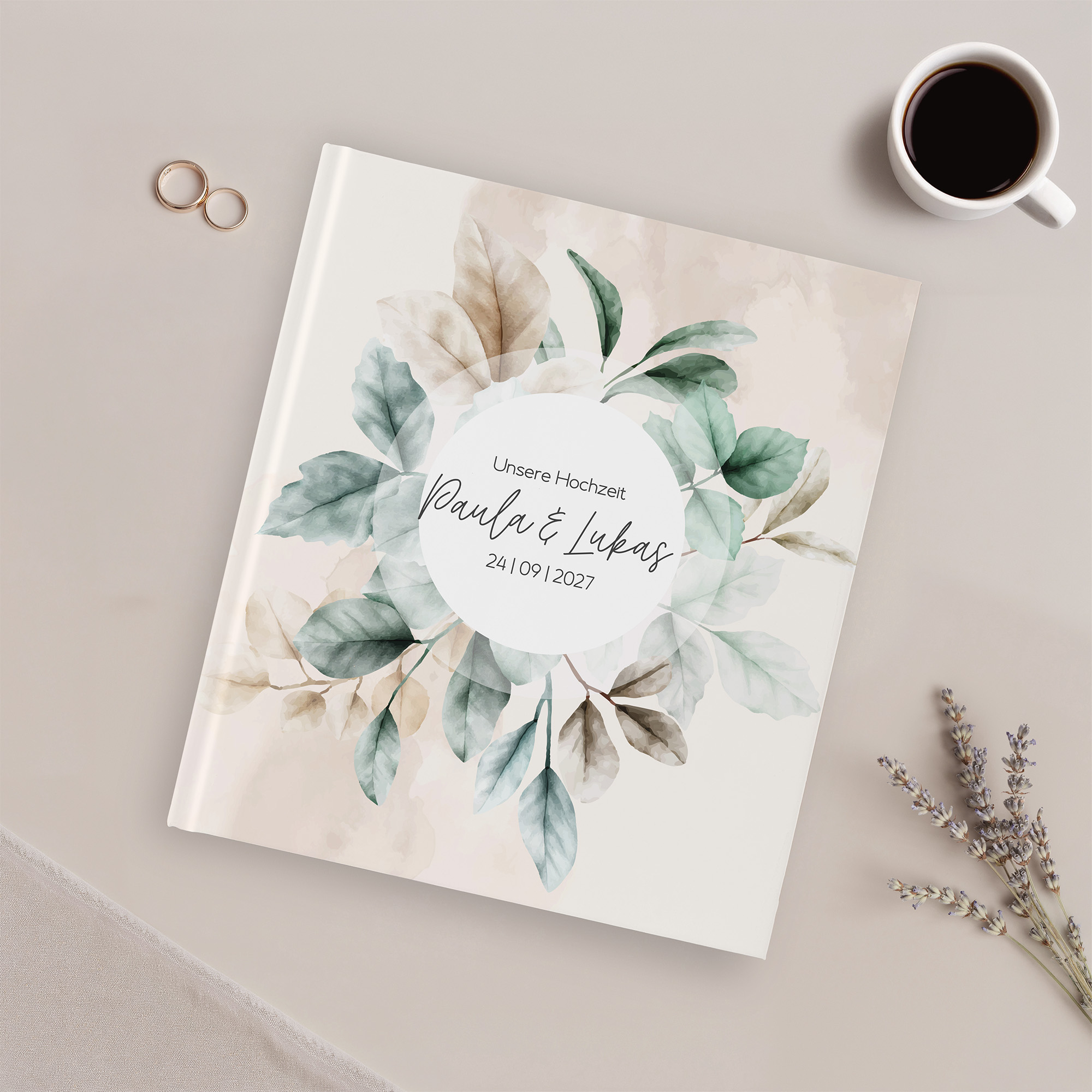 Erinnerungsbuch Hochzeit - Aquarell "leaf & taupe"